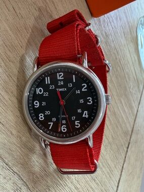 Timex Black Dial Watch with Red Nylon Strap